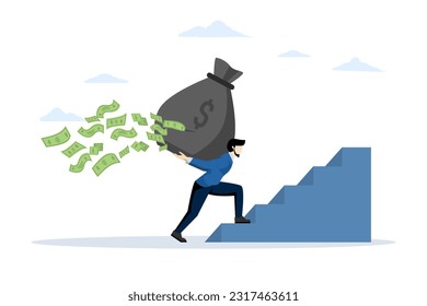 Losing money. Financial debt. What a waste of money. Cost growth. Crisis economy. Personal budget expenses. A young man or businessman loses his money. flat vector illustration.