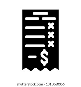 losing money receipt glyph icon vector. losing money receipt sign. isolated contour symbol black illustration