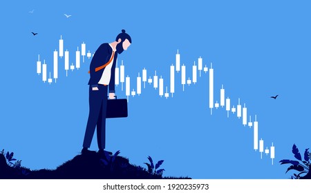 Losing Money In Stock Market - Sad Investor Walking With Head Down In Front Of Falling Graph. Financial Loss And Economic Depression Concept. Vector Illustration.