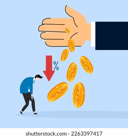 Losing money, sunken cost concept, financial debt, spending growth, economic crisis, lethargic businessman with big hands and falling coins as a symbol of economic crisis, flat vector illustration