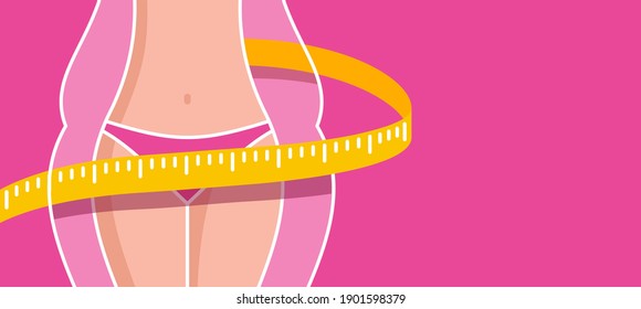Losing weight banner template - diet, fitness or liposaction picture with copy space - fat woman body and slim figure with measuring tape - conceptual vector illustration