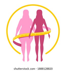 Losing weight comparsion - diet, fitness or liposaction logo - fat woman body in dashed line and slim figure in main color with weasuring tape - conceptual vector illustration