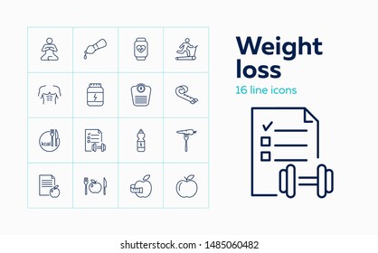Losing weight concept. Set of line icons on white background. Dieting, fitness, training. Healthy lifestyle concept. Vector can be used for topics like wellbeing, body care, sport