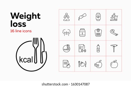 Losing weight concept. Set of line icons on white background. Dieting, fitness, training. Healthy lifestyle concept. Vector can be used for topics like wellbeing, body care, sport