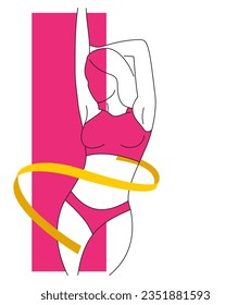 Losing weight decoration - diet, weight loss, fitness - perfect woman body in thin line with measuring tape around