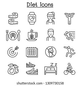 Losing weight, Diet, Exercise icon set in thin line style