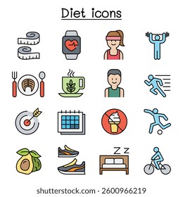 Losing weight, Diet, Exercise icon set in colorline style