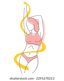 Losing weight - diet, weight loss, fitness - perfect woman body in thin line with measuring tape around