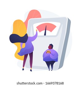 Losing weight. Female nutritionist cartoon character. Slimming, weightloss, dieting. Counting calories. Overweight man with hamburger. Vector isolated concept metaphor illustration