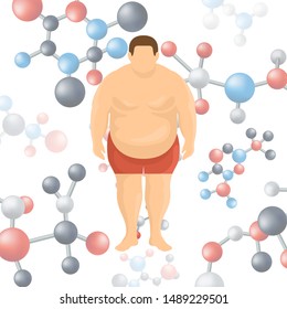 Losing weight genetic problems vector illustration. Human fat body with weight loss problems on dna molecules. For advertising of medical diets and treatments of excess weight.