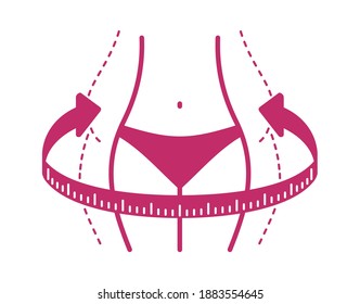 Losing weight icon - diet, fitness or liposaction logo - fat woman body in dashed line and slim figure with measuring tape and arrows towards - conceptual vector illustration