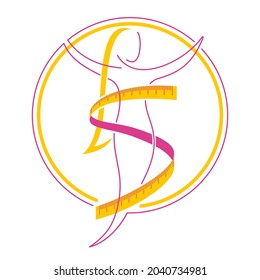 Losing weight icon - diet, fitness or liposaction logo - skinny woman body in thin line with weasuring tape - conceptual vector illustration