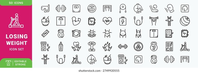 Losing Weight icon set. Contain icons related to Diet, weight loss, nutrition, and more. Editable stroke. Vector illustration