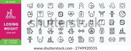 Losing Weight icon set. Contain icons related to Diet, weight loss, nutrition, and more. Editable stroke. Vector illustration