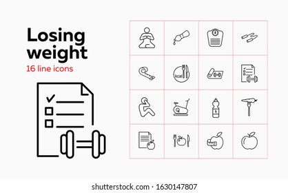 Losing weight icons. Set of line icons. Fitness, yoga, healthy eating, vegetarian food. Healthy lifestyle concept. Vector illustration can be used for topics like wellness, sport, health