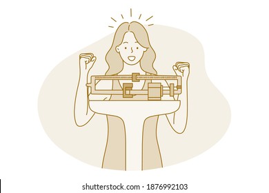 Losing weight, slim, diet concept. Young positive woman cartoon character feeling happy and glad to see losing kilos on scales and reducing in weight vector illustration 