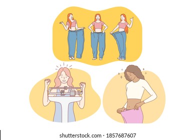 Losing weight, slim, diet, figure, good shape, weight loss, beauty concept. Young positive women cartoon characters feeling happy and glad to feel too slim for clothes and see reducing in weight 