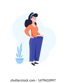 Losing weight. Successful dieting concept. Happy woman with in oversized pants. Flat vector illustration isolated on white background