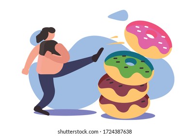 Losing weight vector concept: overweight female figure wearing sportswear kicking a  stack of doughnuts