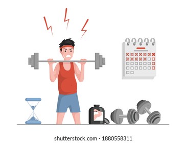 Losing weight vector flat concept. Sportsman in sport clothes preparing for summer or sport competition, lifting weights and eat protein for muscle growth. Calendar, sandglass, dumbbells illustration.