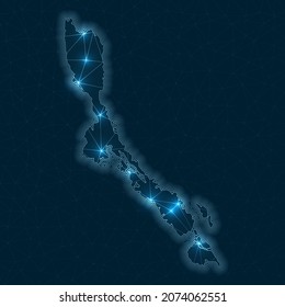 Mapa de la red de Losinj. Mapa geométrico abstracto de la isla. Conexiones digitales y diseño de telecomunicaciones. Red de Internet brillante. Impresionante ilustración vectorial.