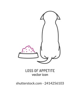 Loss of appetite in dogs. Common dog disease symbol. Dysorexia outline icon. Anepithymia linear sign. Veterinarian concept. Editable isolated vector illustration in outline style on a white background