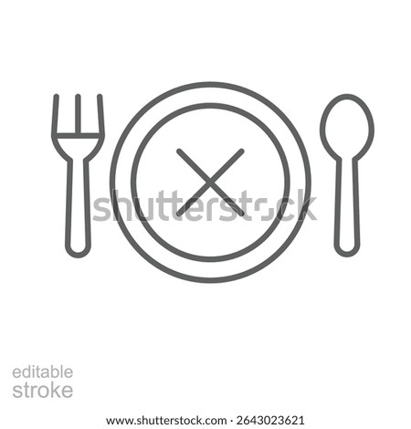 Loss of appetite icon outline style. A plate with cross mark and cutlery symbolizing decreased hunger, eating disorder, or lack of desire for food. Thin line symbol vector. Editable stroke