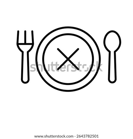 Loss of appetite icon outline style. A plate with cross mark and cutlery symbolizing decreased hunger, eating disorder, or lack of desire for food. Thin line symbol vector.