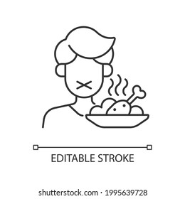 Loss of appetite linear icon. Restriction in food. Symptom of heatstroke. Man refuses meal. Thin line customizable illustration. Contour symbol. Vector isolated outline drawing. Editable stroke