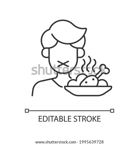 Loss of appetite linear icon. Restriction in food. Symptom of heatstroke. Man refuses meal. Thin line customizable illustration. Contour symbol. Vector isolated outline drawing. Editable stroke