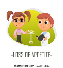 Loss of appetite medical concept. Vector illustration. Doctor and patient are talking in the hospital. Isolated on white background.