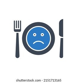 Loss of appetite related vector glyph icon. Cutlery, knife, fork and plate. On plate sad smiley. Loss of appetite sign. Isolated on white background. Editable vector illustration