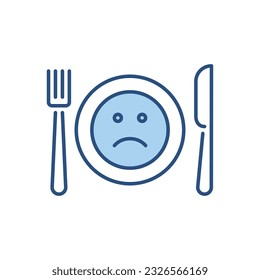 Appetitlosigkeit, Vektorsymbol. Kuppel, Messer, Gabel und Teller. Auf dem Teller trauriges Smiley. Appetitverlust Einzeln auf weißem Hintergrund. Bearbeitbare Vektorgrafik