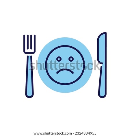 Loss of appetite related vector icon. Cutlery, knife, fork and plate. On plate sad smiley. Loss of appetite sign. Isolated on white background. Editable vector illustration