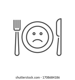 Loss of appetite related vector thin line icon. Cutlery - knife, fork and plate. On a plate a sad smiley. Isolated on white background. Editable stroke. Vector illustration.
