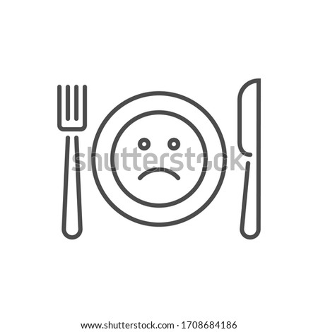 Loss of appetite related vector thin line icon. Cutlery - knife, fork and plate. On a plate a sad smiley. Isolated on white background. Editable stroke. Vector illustration.