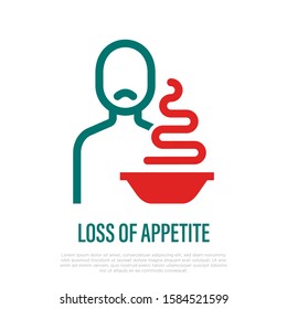 Loss Of Appetite Thin Line Icon. Symptom Of Illness Or Infection. Sad Man Sitting Near Plate With Food. Vector Illustration.