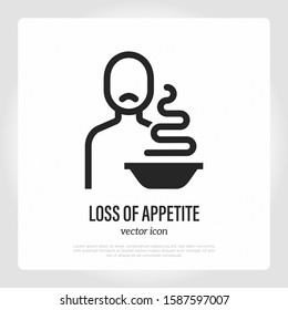 Loss of appetite thin line icon. Symptom of illness or infection. Sad man sitting near plate with food. Vector illustration.