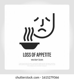 Loss of appetite thin line icon. Symptom of illness or infection. Sad man near plate with food. Vector illustration.