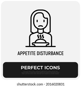 Loss of appetite thin line icon: sad woman sitting in front of plate. Vector illustration of neurosis symptom, depression.