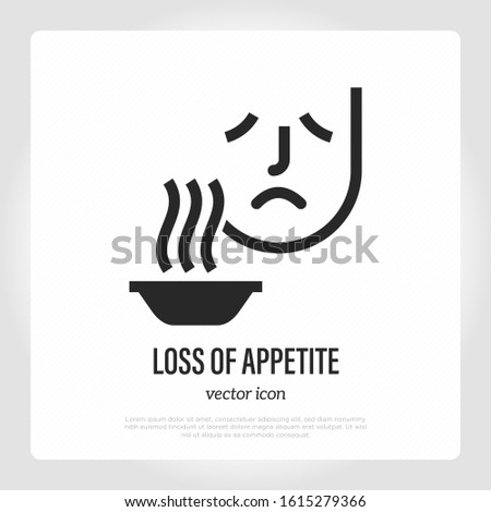 Loss of appetite thin line icon. Symptom of illness or infection. Sad man near plate with food. Vector illustration.