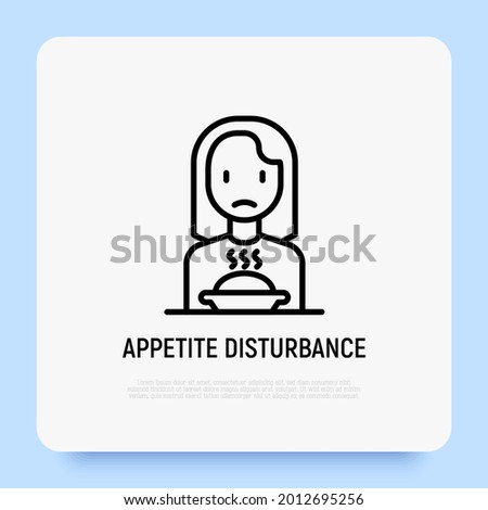 Loss of appetite thin line icon: sad woman sitting in front of plate. Vector illustration of neurosis symptom, depression.