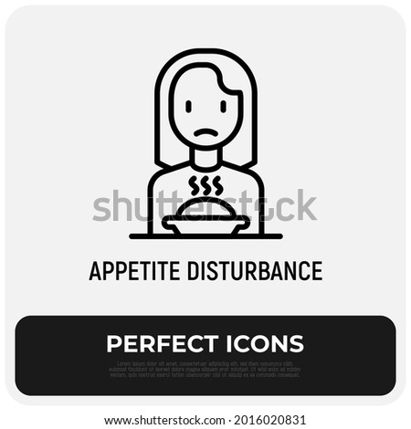 Loss of appetite thin line icon: sad woman sitting in front of plate. Vector illustration of neurosis symptom, depression.
