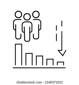 Gráfico de barras de pérdida. flecha de disminución aislada en fondo blanco. signo de gráfico de disminución de tendencia.