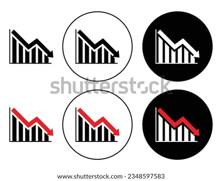 Loss Bar Chart vector Icon set. decline or reduce company profit graph symbol. Down stock market icon. decrease in yearly sales sign in black and red color. downward demand trend symbol.