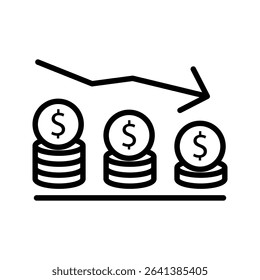 loss from business investment, Business loss growth, stock market returns, Financial failure concept, coin with declining financial graph.