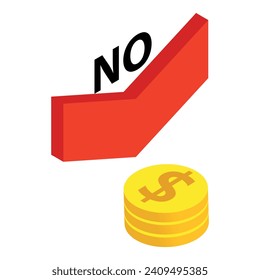 Loss concept icon isometric vector. Stack coin and red arrow with inscription no. Loss, financial concept