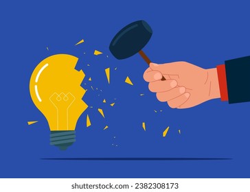 Loss of creative ideas in business. Using sledgehammer and breaks light bulb. Flat vector illustration.