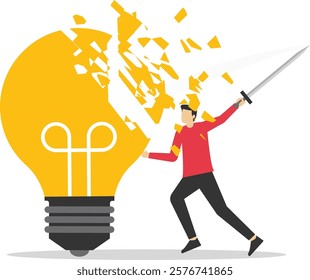 Loss of creative ideas in business. Using sledgehammer and breaks light bulb. Flat vector illustration.

