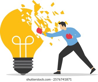 Loss of creative ideas in business. Using sledgehammer and breaks light bulb. Flat vector illustration.

